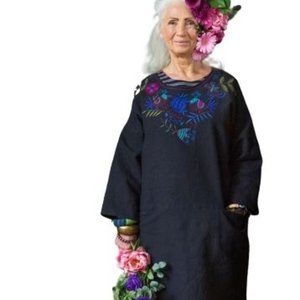 Gudrun Sjoden Frida Sante Fe Embroidered Linen Tunic Dress in Black